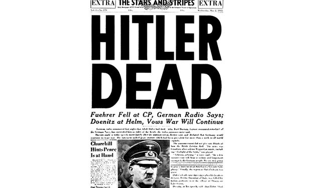 La muerte de Hitler, en el periódico norteamericano 'The Stars and Stripes' el 2 de mayo de 1945, dos días después de la muerte del líder nazi.