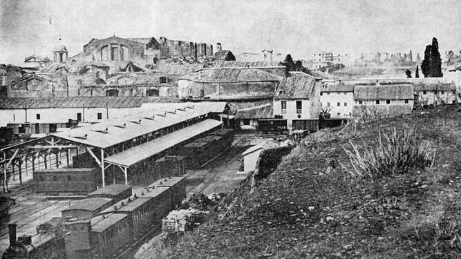 Una vista de la estación de Termini, Roma, en el año 1865.