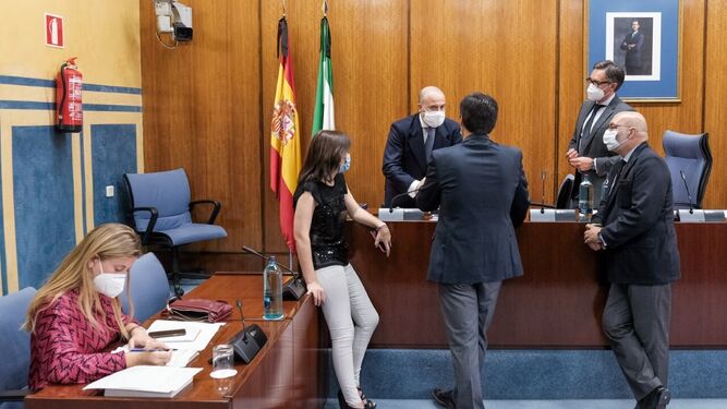 El presidente de la comisión de reconstrucción, Manuel Gavira (segundo por la derecha), en el Parlamento con diputados de PP, Vox y Adelante.