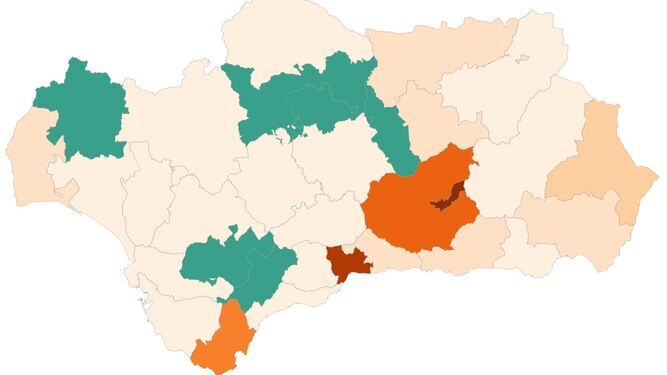 Mapa de contagios en los distritos andaluces.