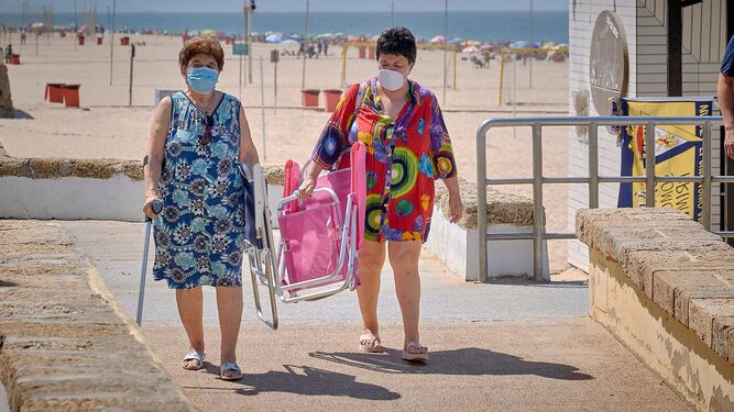 Dos mujeres salen de la playa de Cádiz con sus mascarillas.