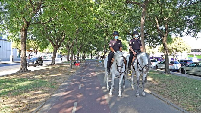 Dos policías nacionales patrullando a caballo por la avenida de Europa este sábado.