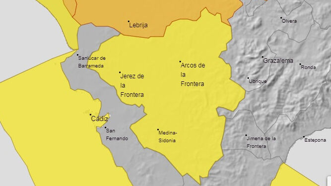 Mapa de la Aemet en la que se aprecia la alerta amarilla en Jerez y la campiña