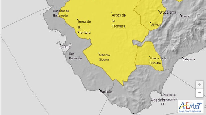 Mapa con la alerta amarilla prevista por la AEMET