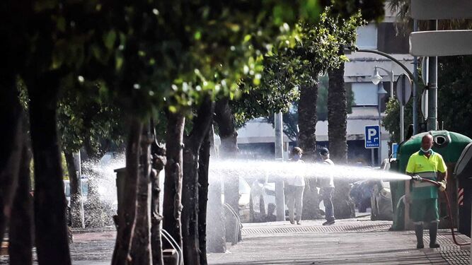 Un operario baldeando una calle en Jerez la mañana de este sábado.