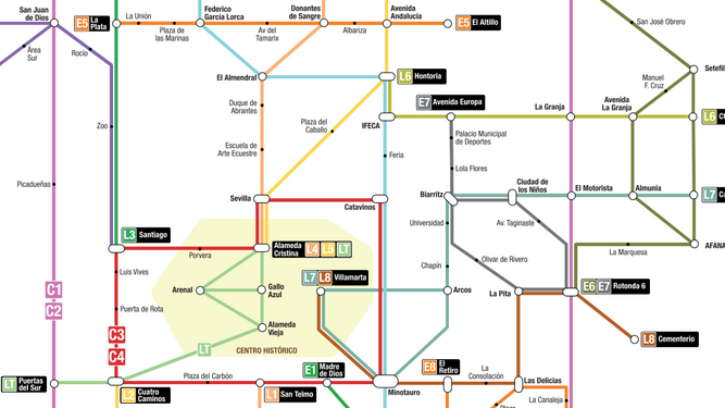 Detalle de las líneas de la propuesta de MetroBus Jerez, de Adelante Jerez.