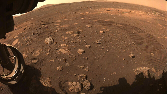 Una de las cámaras del rover Perseverance capta sus huellas sobre la superficie de Marte.