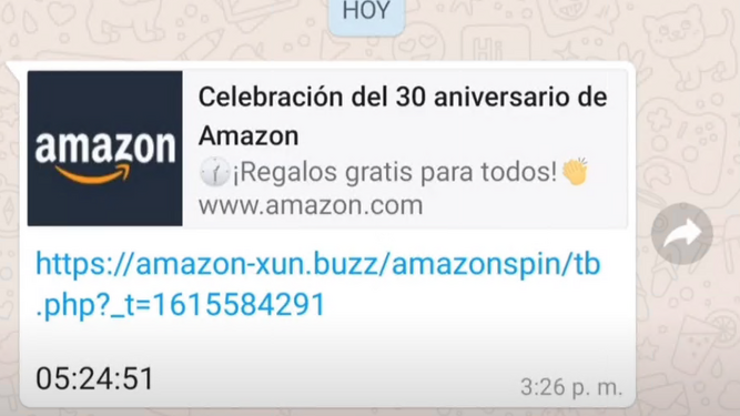 Ejemplo de intento de phishing con 30 aniversario de Amazon