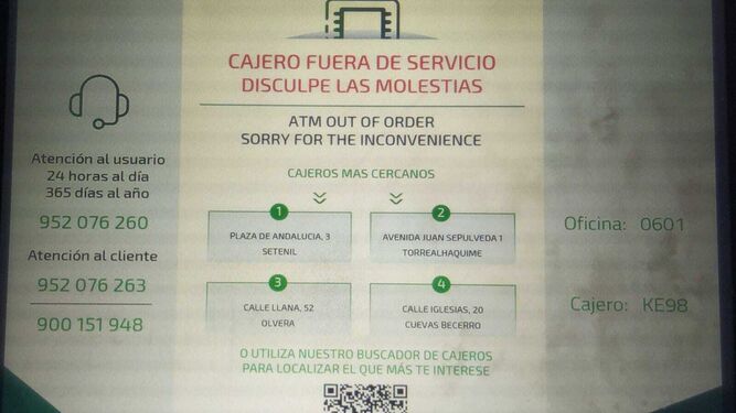 Una cajero  en Alcalá del Valle sin servicio por la caída de Internet