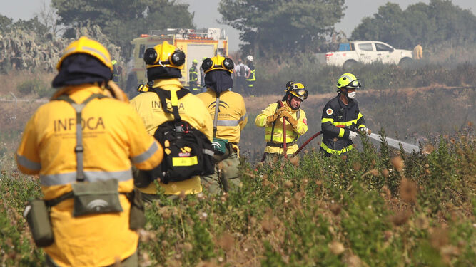 Un fuego de pastos en Jerez es sofocado por los bomberos del Infoca.