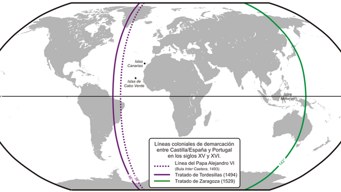 Reparto del mundo según la bula 'Inter Caetera' (1493), el tratado de Tordesillas (1494) y el tratado de Zaragoza (1529).