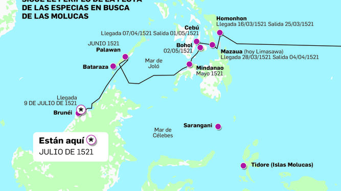 La flota española llega a Brunéi procedente de Palawan.
