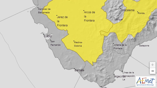 Mapa de la Aemet con las zonas de la provincia en alerta amarilla