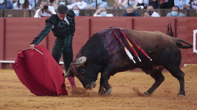 Diego Urdiales torea con la muleta al toro que acabó desorejado.