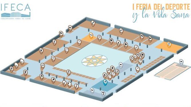 Plano de las instalaciones de Ifeca con los distintos expositores de la Feria del Deporte y la Vida Sana.