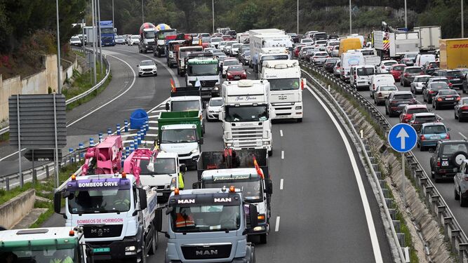 Camiones marchan por la autovía A7 a su paso por Marbella (Málaga) este lunes.