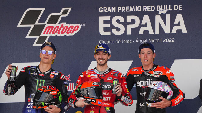 Bagnaia, ganador en Jerez en 2022 junto a Quartararo y Aleix Espargaró.