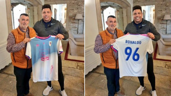 Ronaldo recibe la camiseta del Compostela con el número 96