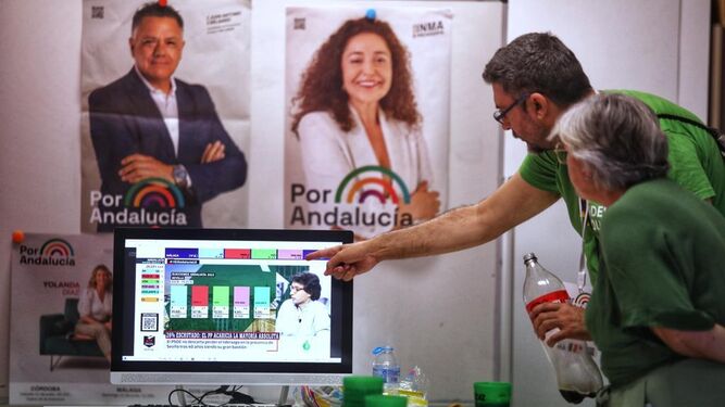 Miembros de la coalición mirando los resultados, con los carteles de Delgado y Nieto detrás.