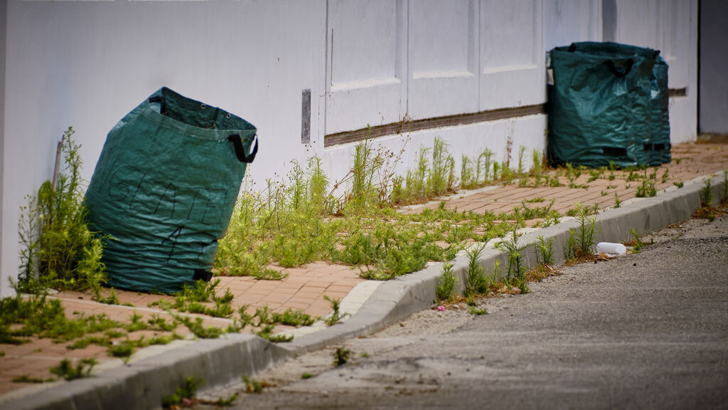 Bolsas de basura y restos de poda, acumuladas en una de las calles de la urbanizaci&oacute;n.
