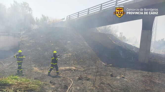 Bomberos de Jerez en el incendio de pasto de la recta de la Ciudad del Transporte.