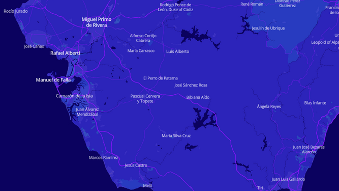 Una captura del mapa en tiempo real con los nombres más famoso de cada localidad.