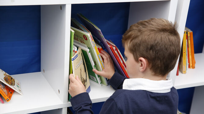 Un niño mueve unos libros en una estantería