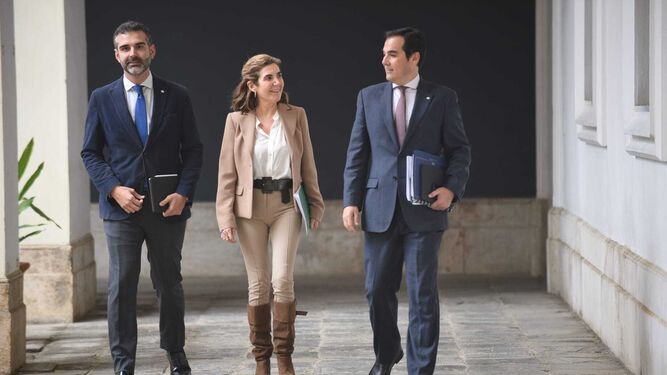 Ramón Fernández-Pacheco, Rocío Blanco y José Antonio Nieto en los momentos previos a la comparecencia sobre el Consejo de Gobierno.