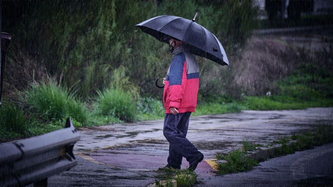 Un hombre camina bajo su paraguas en Puerto Real.