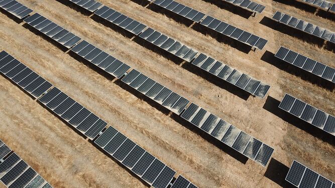 Imagen aérea de los paneles solares de una planta  fotovoltaica.