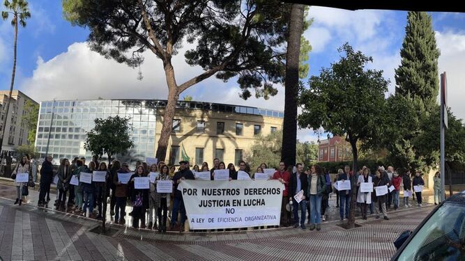 Un instante de la protesta realizada frente a los juzgados de la avenida Alcalde Álvaro Domecq.