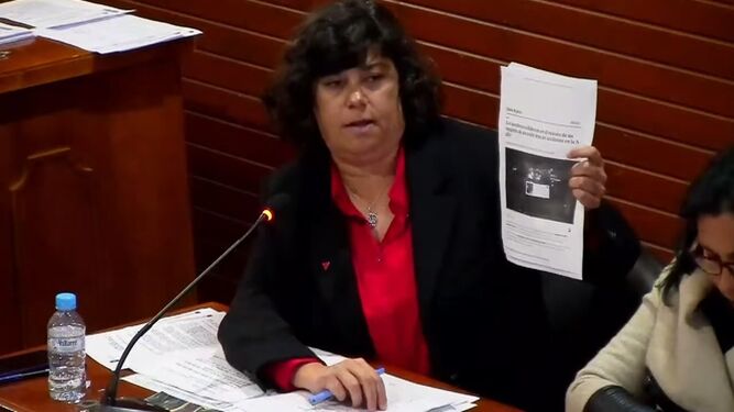 La portavoz de IU, Carmen Álvarez, este martes denunciando la situación de la A-480 en el Pleno del Ayuntamiento de Sanlúcar.