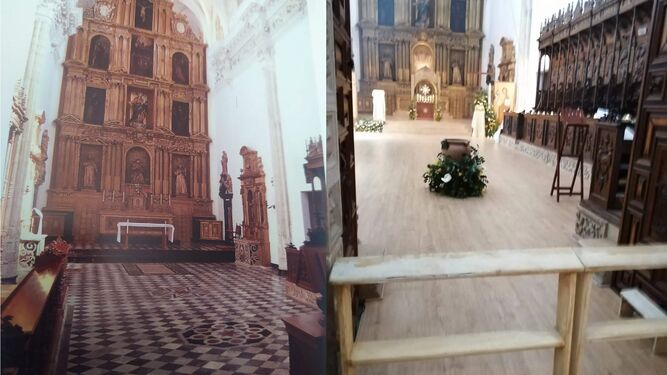 Antes y después del suelo en la zona del coro de la Cartuja.