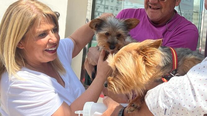 Mamen Sánchez acaricia un perro.