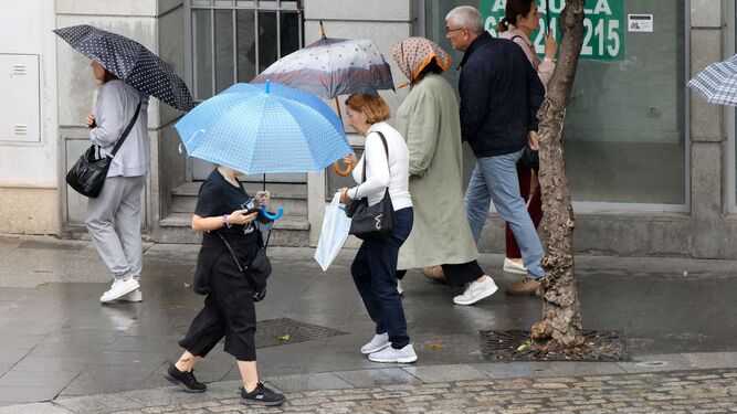 Personas caminando por el centro de Jerez bajo la lluvia.