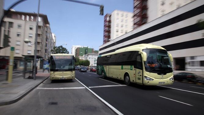 Dos autobuses recorren la arteria principal de la capital gaditana.