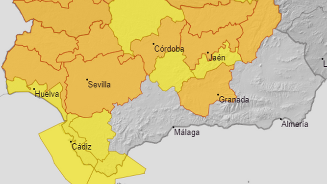 Mapa de Andalucía con las alertas naranjas y amarillas de este lunes 7