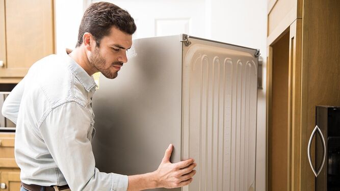Técnico de frigorífico analizando un electrodoméstico
