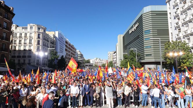 Miles de personas con la bandera de España en el acto convocado por el PP en Madrid contra la amnistía.