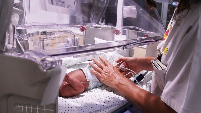 Una sanitaria atiende a un bebé prematuro.