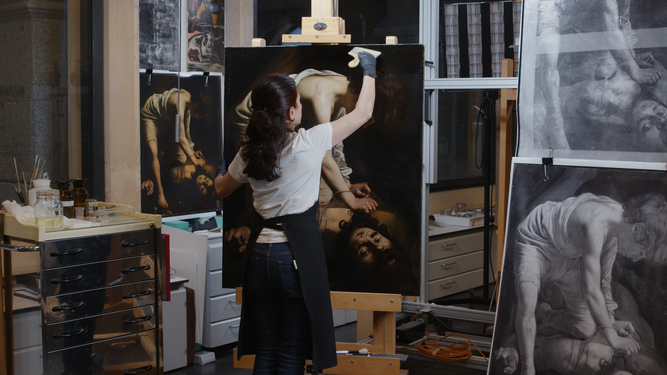 Imagen del proceso de restauración de 'David vencedor de Goliat' de Caravaggio.