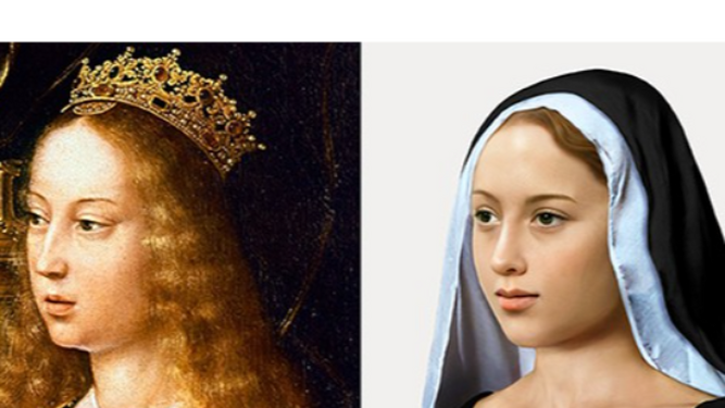 Potada de la obra. Isabel la Católica y su encarnación anterior como Catherine de Auvernia.