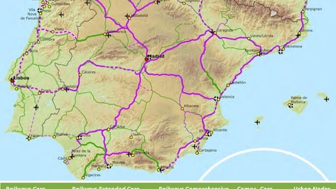 Mapa de las presentes y futuras líneas de alta velocidad en la península ibérica.