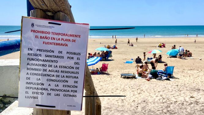 Uno de los carteles en los que se prohíbe el baño en la playa de El Ancla.